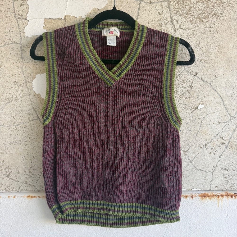 Vintage Sweater Vest V Neck Striped Knit Sleeveless Top 90s County Seat Women L